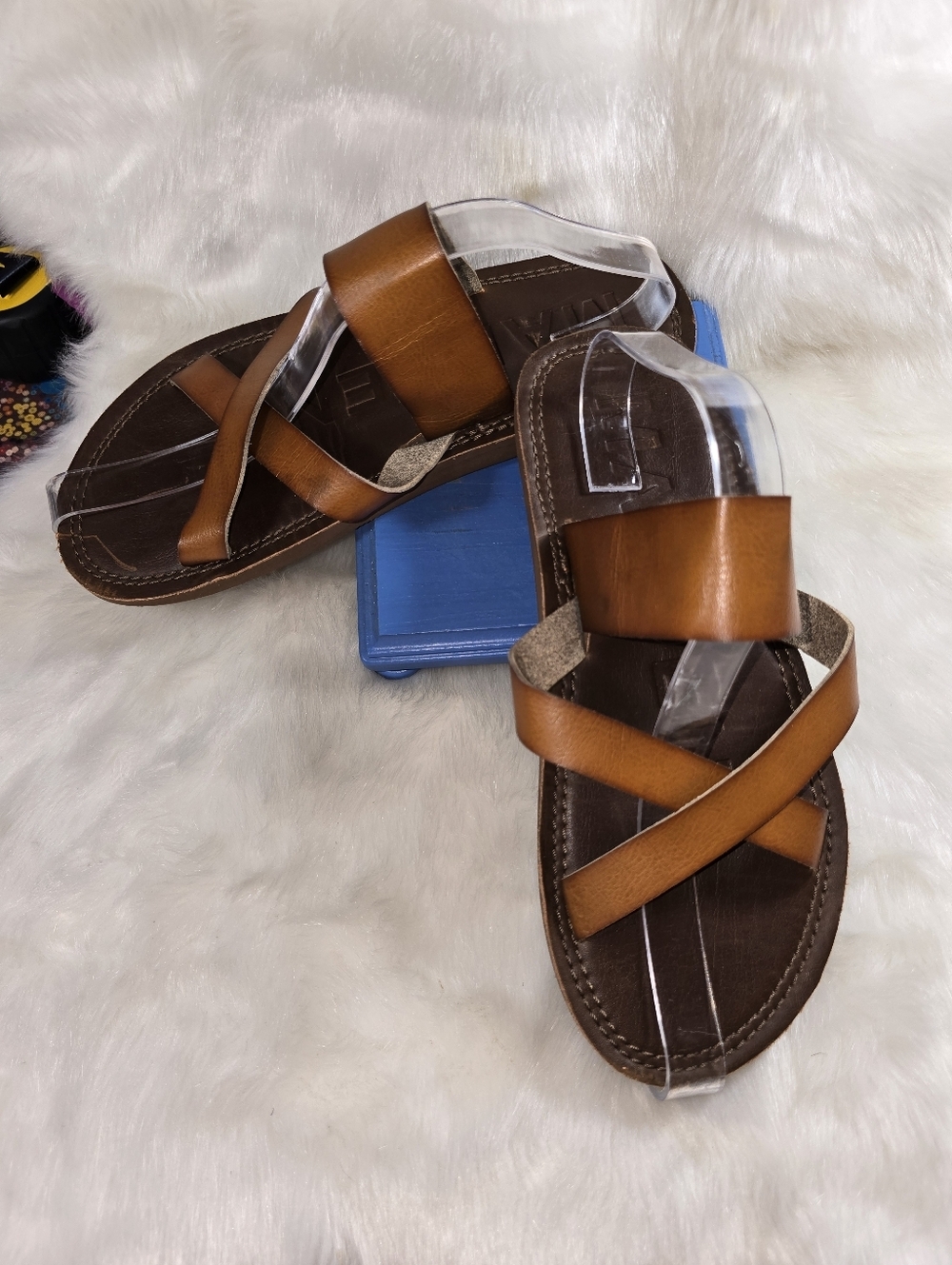 Madden M-Cross Men's Brown Leather Slide Sandals w/Casual Cross-Strap